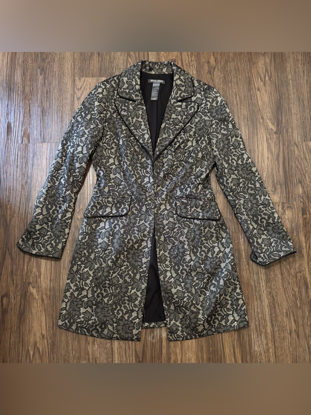 Bisou Bisou Michele Bohbot Black Floral Lace Long Blazer Jacket Small